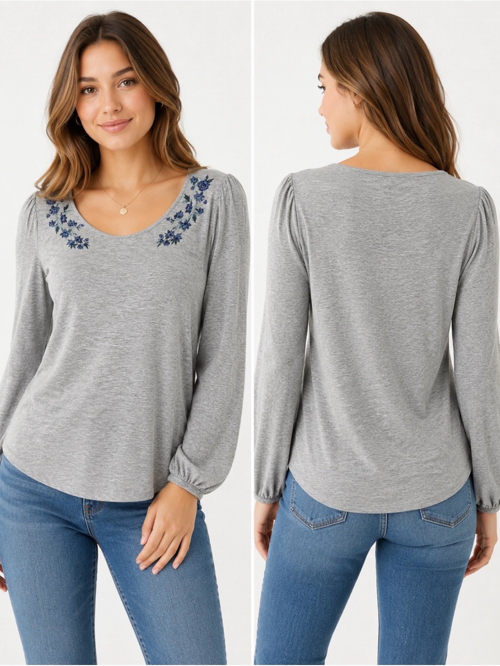 American Eagle Soft & Sexy Top Women’s M Gray Floral Embroidered Long Sleeve